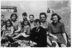 1940s Bognor or Battersea.Back row: Jill Simson, Margaret Hazell, Fred Hazell, Florrie Hazell, Margaret Allen and Gina Hollywood.Front row: Jenny Reed, Ruby Hazell and Brian Hazell.