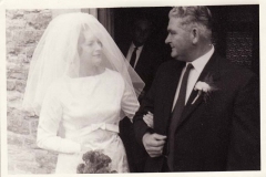 29 August 1964 Wedding of Deanna Stewart and Derek Gardner, outside the Methodist Chapel. Deanna Stewart, her father William John Stewart and, in the background, Jack Thomas.