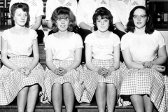 Early 1960s Middle Barton Youth Club Country Dancing Team. Back row l to r: Gillian Savage (Dornfield House), Pauline Jarvis (Elm Grove Farm), Yvonne Bowden (Marshall Crescent), Anne Bridgewater (Barn Cottage, top of the Dock). Front row l to r: Christine Savage (Dornfield House), Fiona Buswell nee Hope, Jean Ogle, Shirley Sabin (cottage Hard Road Hill, now gone).