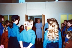 July 1987 Guides and Brownies Open Meeting. Christine Gough in doorway.