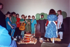 12 March 1992 Guides Pantomine. L to R: Charlotte Davis, Alexis Thomson, Nicky Burwell, Hester Gathony, Hannah Schneider, Lucy Waring, Louise Phipps, Sarah Parrett (brown dress), Emma Jones, Eleanor Norgrove.