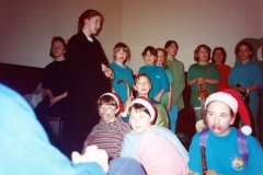 12 March 1992 Guides Pantomine. L to R back: Jessica Harrington, Charlotte Davies, Alexis Thomson, Sarah R?, Stephanie Verrell, Nicky Burwell, Hannah Schneider, Hester Gathony, Louise Phipps, Lucy Waring. L to R front: Helena Cooper, Ellie Clark, Holly Roberts.