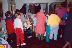 November 1989 Dorn Valley Venture Unit Jumble Sale. Eleanor Norgrove (back view), Christine Edbury (at back), Muriel Cox (back view) and Rita French (extreme right).