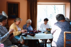 23 April 1987 Sewing squares for Oxfam blankets. L to R: Dorothy Smith, Hilary Bassett, Margaret Hazell, Marion Pettengel and Bubbles Pratley.