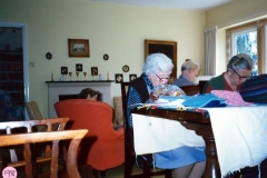 23 April 1987 Sewing squares for Oxfam blankets. L to R: Kathleen Murray (in armchair), Ruth Kirby, Charis Stevens and Winnie Gibbons.
