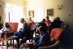 23 April 1987 Sewing squares for Oxfam blankets. Foreground: Kathleen Murray. Background L to R: Kathleen Packard, Charis Stevens, Margaret Allen (at back), Winnie Gibbons, Dorothy Evans, Ruth Kirby, ?.