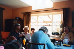 23 April 1987 Sewing squares for Oxfam blankets. Foreground: Beryl Wyatt (back view), L to R: Bubbles Pratley, Cynthia Laws, Valerie Harvey and Hilary Bassett.