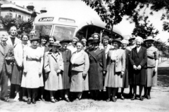 Late 1940s Mothers Union Outing. Front row: ?, ?, Winnie Gibbons, Eliza Stewart, Nurse Parrish. Middle row: Reverend A. N. Blanchett, Winifred Pritchard. Back: Ruby Pratley.