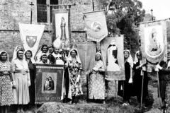 1960s Dedication of the new banner at Steeple Barton Church. Back row l to r: ?, Mary West, Margaret Allen, Reverend J. Wilmot Griffiths. Front row l to r: Nellie Cattle, Mary Osment, Elsie Cox, ?, Bishop, Winnifred Pritchard, Ada Stockford.