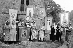 1960s Dedication of the new banner at Steeple Barton Church. Back row l to r: ?, Mary West, Margaret Allen, Reverend J. Wilmot Griffiths. Front row l to r: Nellie Cattle, Mary Osment, Elsie Cox, ?, Bishop, Winnifred Pritchard, Ada Stockford.