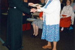 6 March 1990 Presentation to Margaret Hazell. L to R: Reverend Tony Davies, Jeanne Allington, Elsie Bridger, Ivy Reader, Margaret Hazell and Joan Jeffries (seated right).