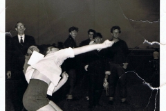 1963/64. County Sports Day - Middle Barton Youth Club. Gillian Savage throwing the javelin.