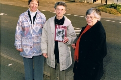 c. 1999. Bartons' History Group. Chris Edbury, Audrey Martin and Kay Davies in front of the Alice Marshall Hall.