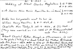 August 31 1907 Wedding of Albert Charles Eaglestone (16.7.1884 - 7.8.1962) and Susan Alice Annie Hamilton (28.3.1882 - 8.3.1965). Guest details on reverse of photograph.