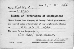 17 November 1966 Redundancy notice from the Pressed Steel Company at Cowley for George John Kirby.