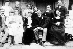 14 July 1891 Marriage of Richard Kirby to Agnes Connington. Back, l to r: Annie, Sabina, Maud, George Henry, parents Ann and Jeremiah, Ruth. Front: Phil (Felix), Bessie, Fanny, Agnes and Richard, unknown and Rhoda.