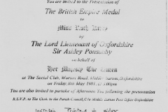8 May 1981: Invitation to the presentation of the British Empire Medal to Ruth Kirby.