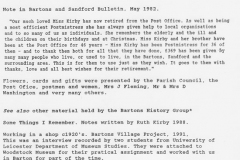 May 1982 Ruth Kirby retires from the post office. See also other material on her life as a postmistress held by Bartons' History Group.