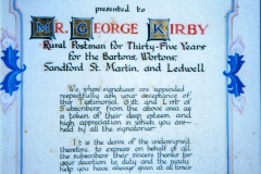 March 1st 1945, Testimonial for rural postman Mr. George Kirby - 35 years service.
