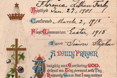 Easter 1915. Florence Lillian Farley's confirmation and first communion certificate. Signed by Reverend Simon Stephen of Steeple Barton, vicar 1904-1946.