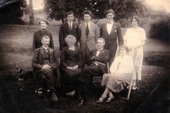 c. 1920. Florence Farley with her three brothers. Top row: Unknown, Brothers: Cyril, Ellis, Albert, Florrie. Bottom row: Father: Harry, Mother: Annie, Unknown, Unknown.