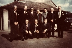 1969 Barbara Jarvis's wedding. Ben Kerridge, Derrick Jarvis, Peter Bauckham, George Dewdney, David Roughton, Harry Stevens, Bob Jarvis, Ron Gardener, Robin Benfield and David Jarvis.