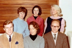 1967/68 Middle Barton School Staff. Back, l to r: Margarite Pilcher,  Nancy Pike, Jo Deluke. Front, l to r: Michael Waine, Joan Alexander, Gordon Norris.