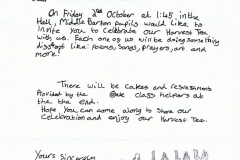2nd October 2015 Harvest Tea Invitation for Mr. and Mrs. Edbury from Grace in Oak Class.