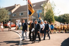 7 May V.E. Day Parade. L to R: Dave Shirley, Nobby Clarke, Horace Wood, Peggy Gregory and Nigel Wood.