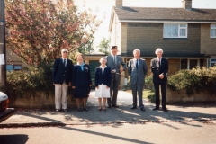 7 May V.E. Day Parade. L to R: Bob Adams, Jessie Newman, Mabel Eaglestone, Robin Fleming, Harry Imbert and Robert Pim.