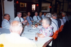 20 August 1995 V.J. Royal British Legion lunch. LHS of table: Ievan Evans, Johnnie Brooks, JoAnne Davies, John Cameron, Bob Adams, Pauline Adams, Horace Wood. RHS of table, left to right: Mr and Mrs Butler, Horace Wood?, Reverend Tony Davies., ?, ?.