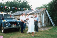 July 1987 Middle Barton School Fete - Public address system. Back: Chris Gregory and Martin Norton, Horace Wood,  his wife, Barbara, in foreground.