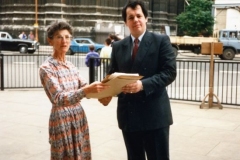 1988 Aircraft Petition. Audrey Martin handing over the aircraft petition to MP Tony Baldry in 1988.