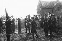 1953 Coronation. Scouts on the bank left of the first council house, now the entrance to Fleming Drive.