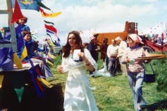 June 7 1977 Floats in the Silver Jubilee procession. Foreground: Jenny Charles, the Jubilee Queen. Right: Chris Jones, the Jubilee Secretary, aka 'Jubilee Jones'.