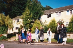 1987 Sponsored Bicycle Ride in aid of the School and the Playgroup. Left: Sarah, Francessca and Vicky Pinion, Joy Stewart. Right: Angela Stewart, Paul Goodall and Kay Stewart. South Street