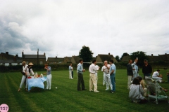 July 9 1988 Playing fields. Cricket match interval. Centre group - Pete Watts, Tim and John Fowler. Edward Fowler (no relation).