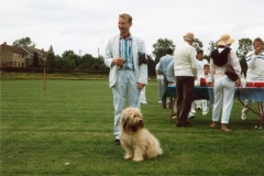 July 9 1988 Playing fields. Cricket match interval. David Langston and dog.
