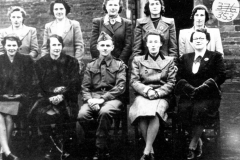 WW II l -> r back row: ?, ?, ?, ?, Marjorie Young. Front row: Moira Moulsdale, Katherine Morris, Frank Henderson, Joan Sullivan and Lydia Cross.